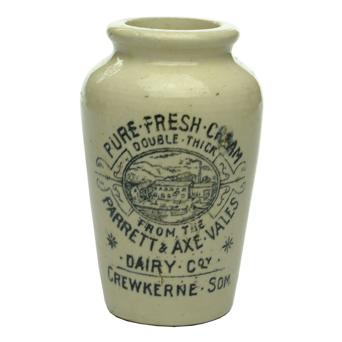 Cream Jar. Parrett & Axe Vales Dairy Coy, Crewkerne. All White. (United Kingdom)