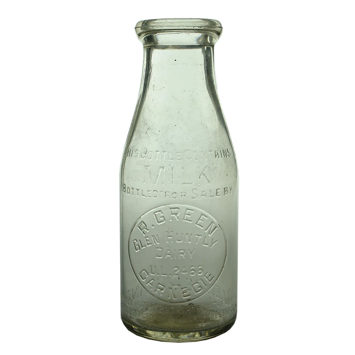 Milk. R. Green, Glen Huntly Dairy, Carnegie. Wad lip. 1 Pint. (Victoria)