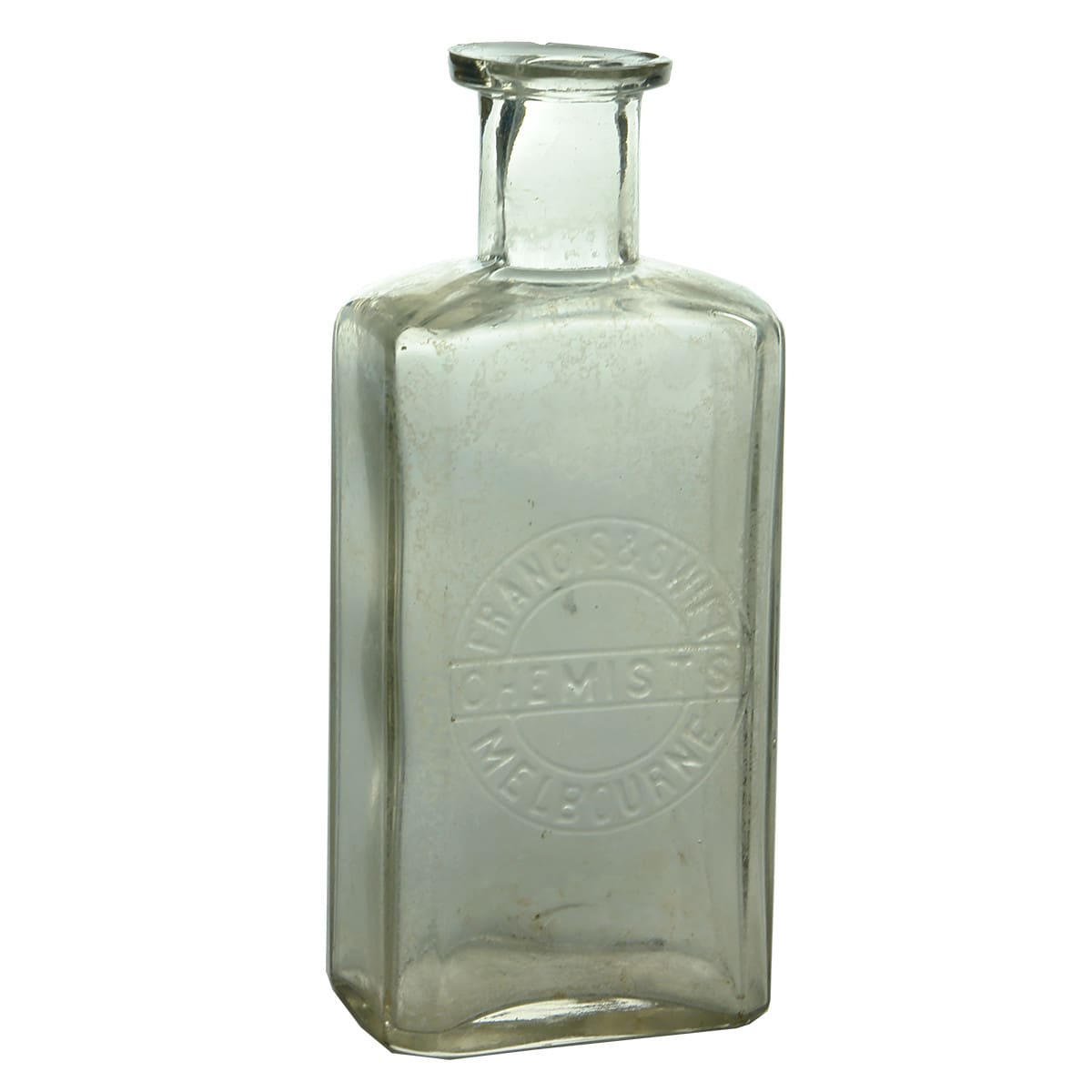 Chemist Bottle. Francis & Swift, Chemists, Melbourne. Flint Glass. 3 oz 124 mm. (Victoria)