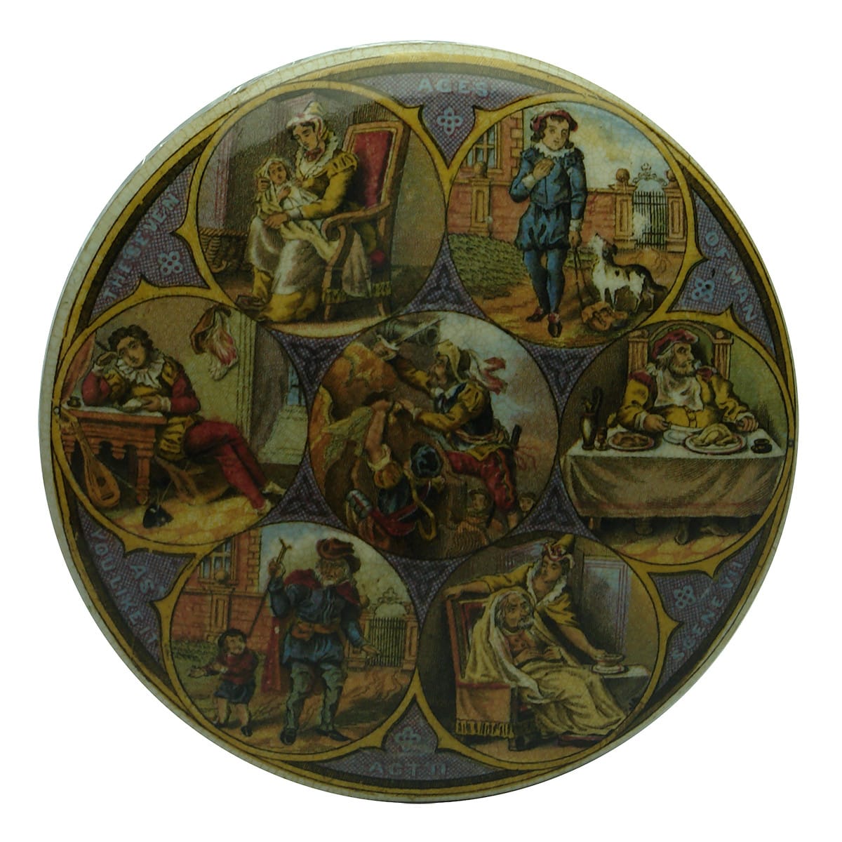 Prattware Pot Lid. The Seven Ages of Man.