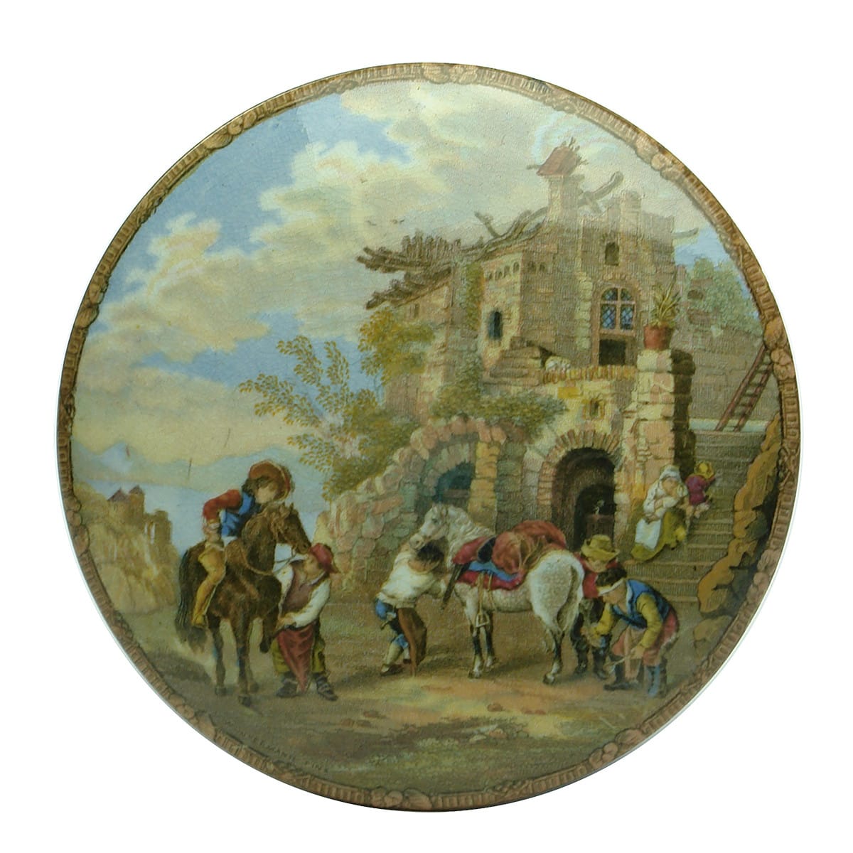 Prattware Lid: The Farriers. Very large with patterned border.