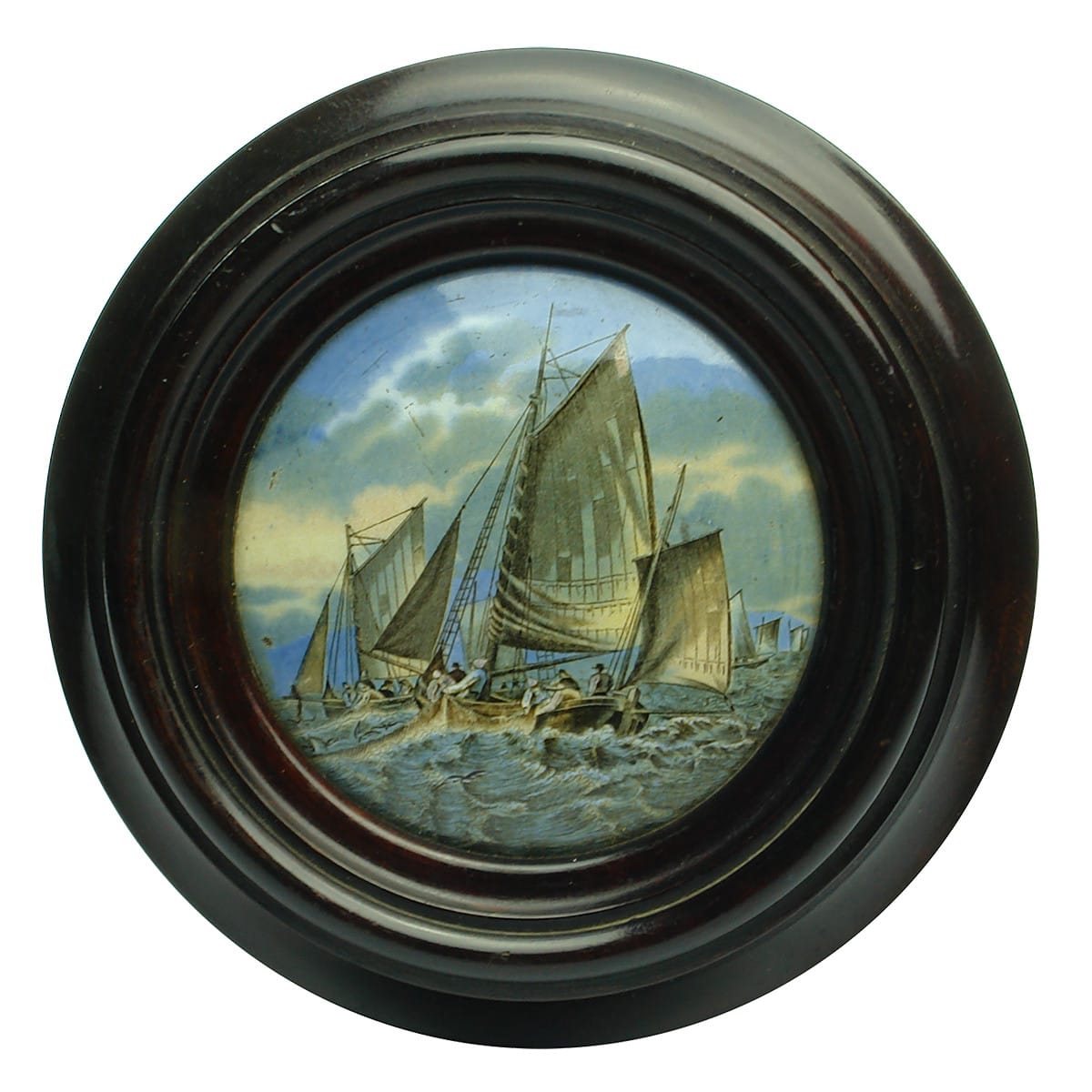 Prattware Pot Lid. Hauling the Trawl. In a wooden frame.