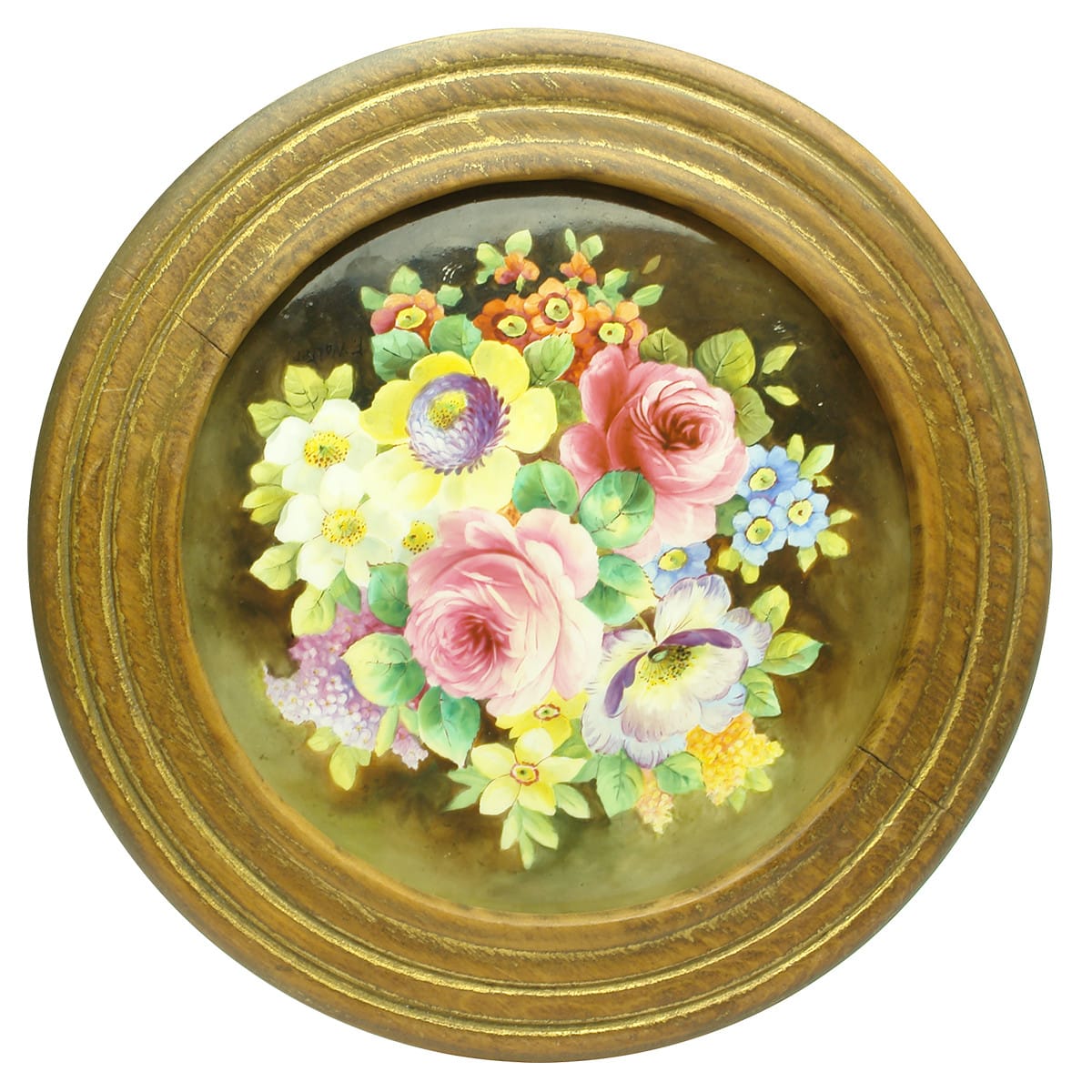 Prattware display plaque. Flowers. With a wooden frame.