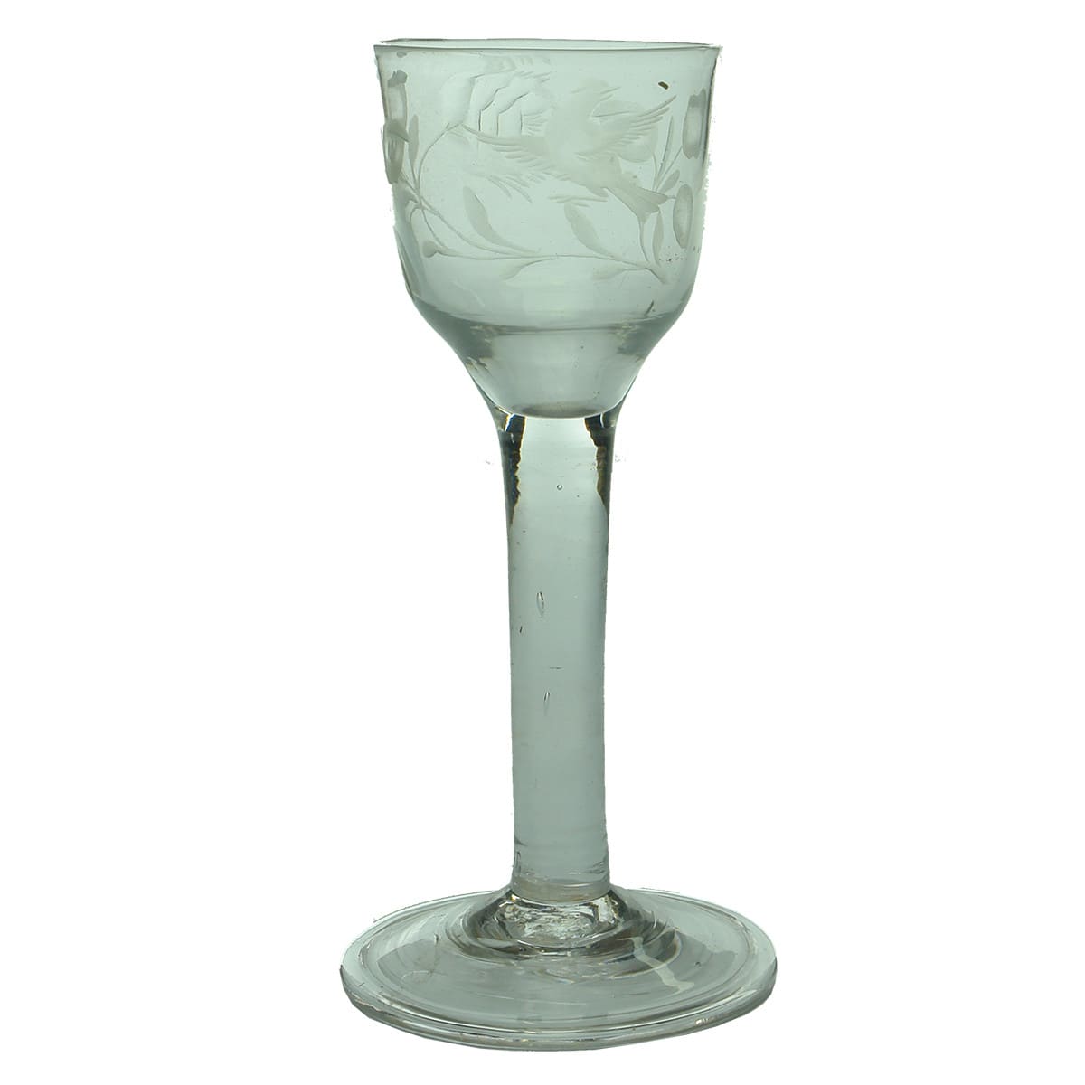 Early Glass. Georgian Wine Glass With Etched Bird and Flower on Bowl, Long Plain Stem and Pontil.