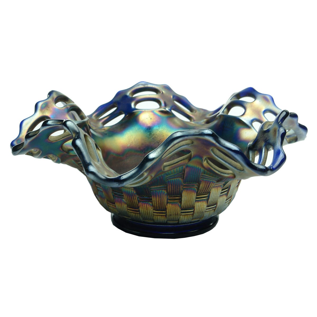 Carnival Glass. Basket pattern. Cobalt Blue with Iridescence.