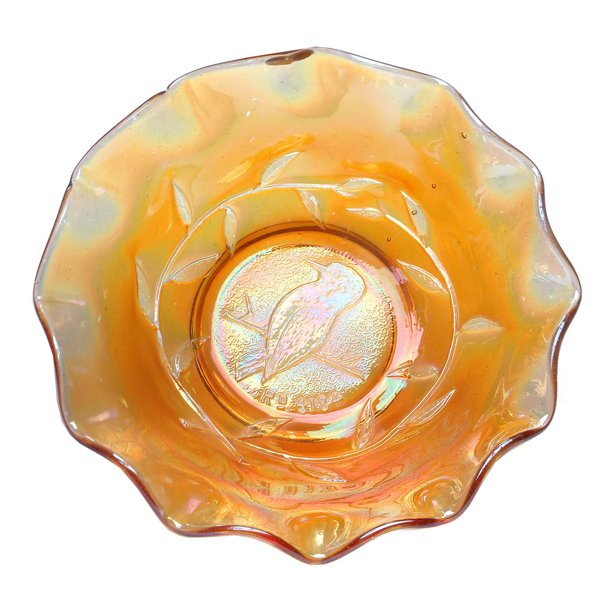 Glassware. Small Kookaburra Carnival Glass Bowl. Marigold. Registered. (New South Wales)