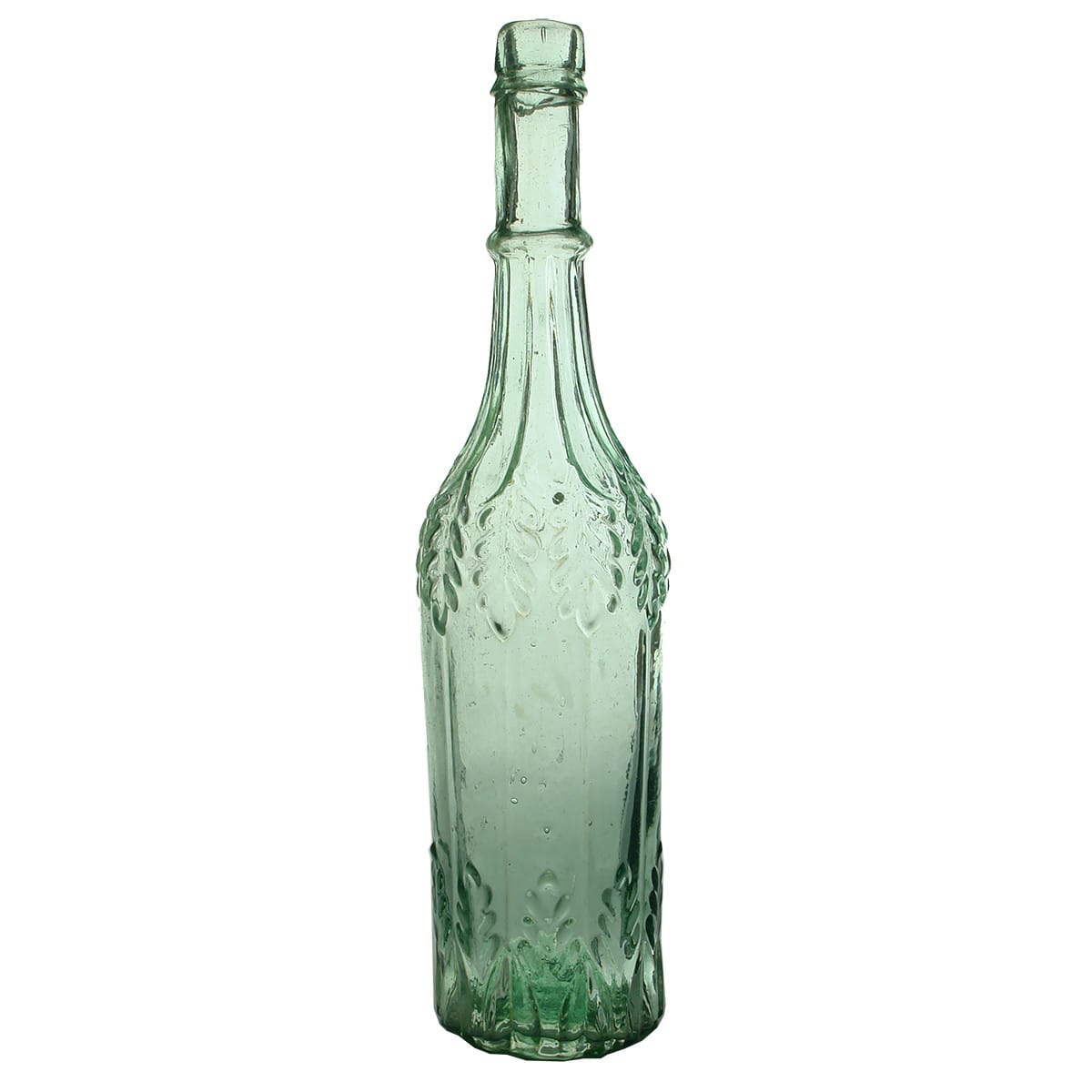 Goldfields. Robert Thin, Leaf Bottle. Aqua. 26 oz.