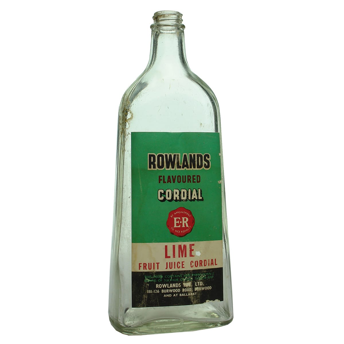 Cordial. Rowlands Lime Cordial. Screw Top. Clear. 26 oz. (Victoria)