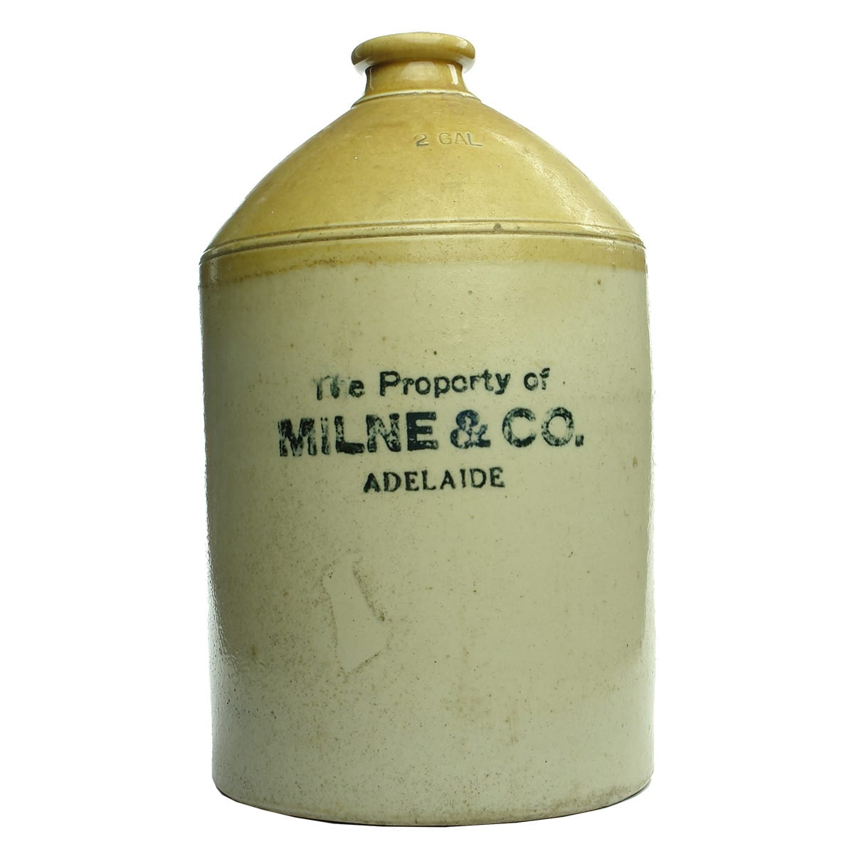 Demijohn. Milne & Co., Adelaide. Tan Top. 2 Gallon. (South Australia)