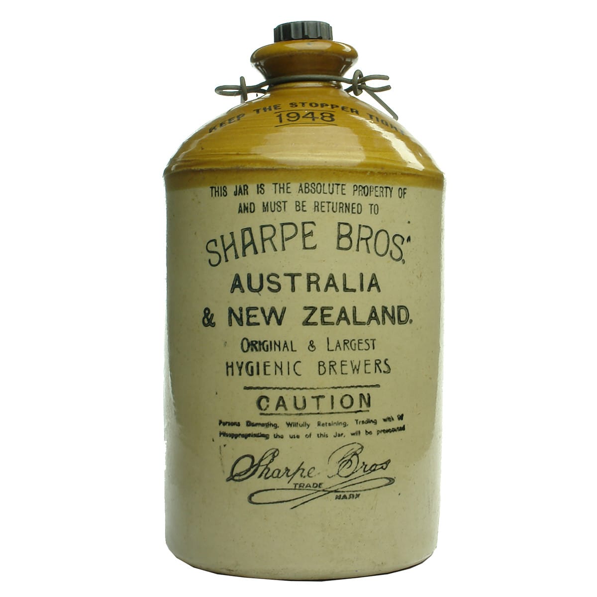 Demijohn. Sharpe Bros., Australia & New Zealand. Pearsons Chesterfield 1948. Internal Thread.