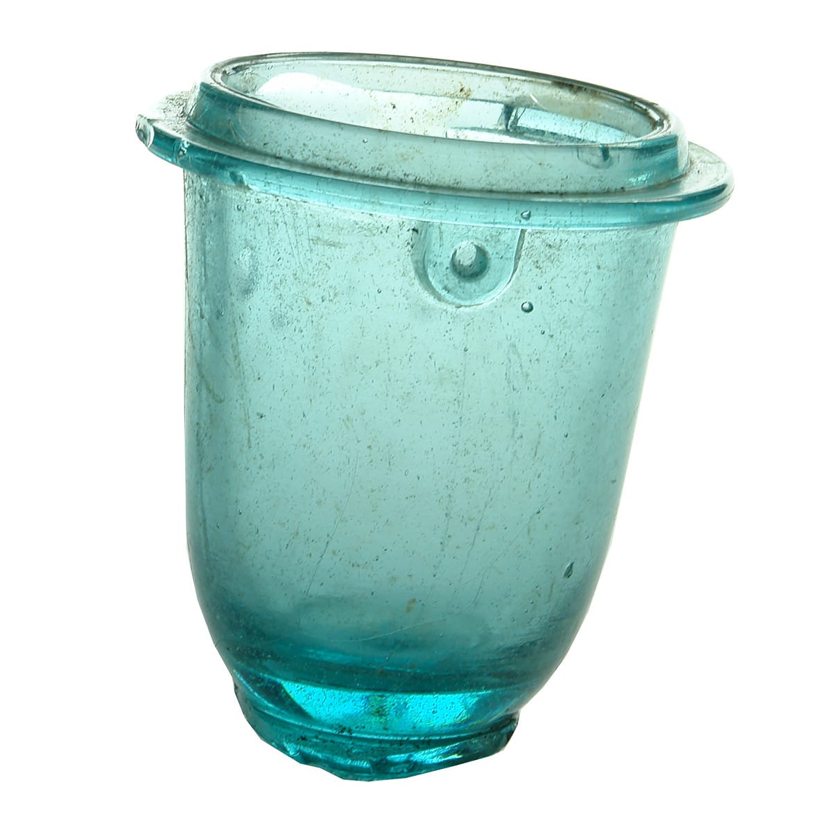 Jar. Plain with wide rim, pedestal base. Wire holes formed to sides for sealing. Lake Tyers Glass. (Victoria)