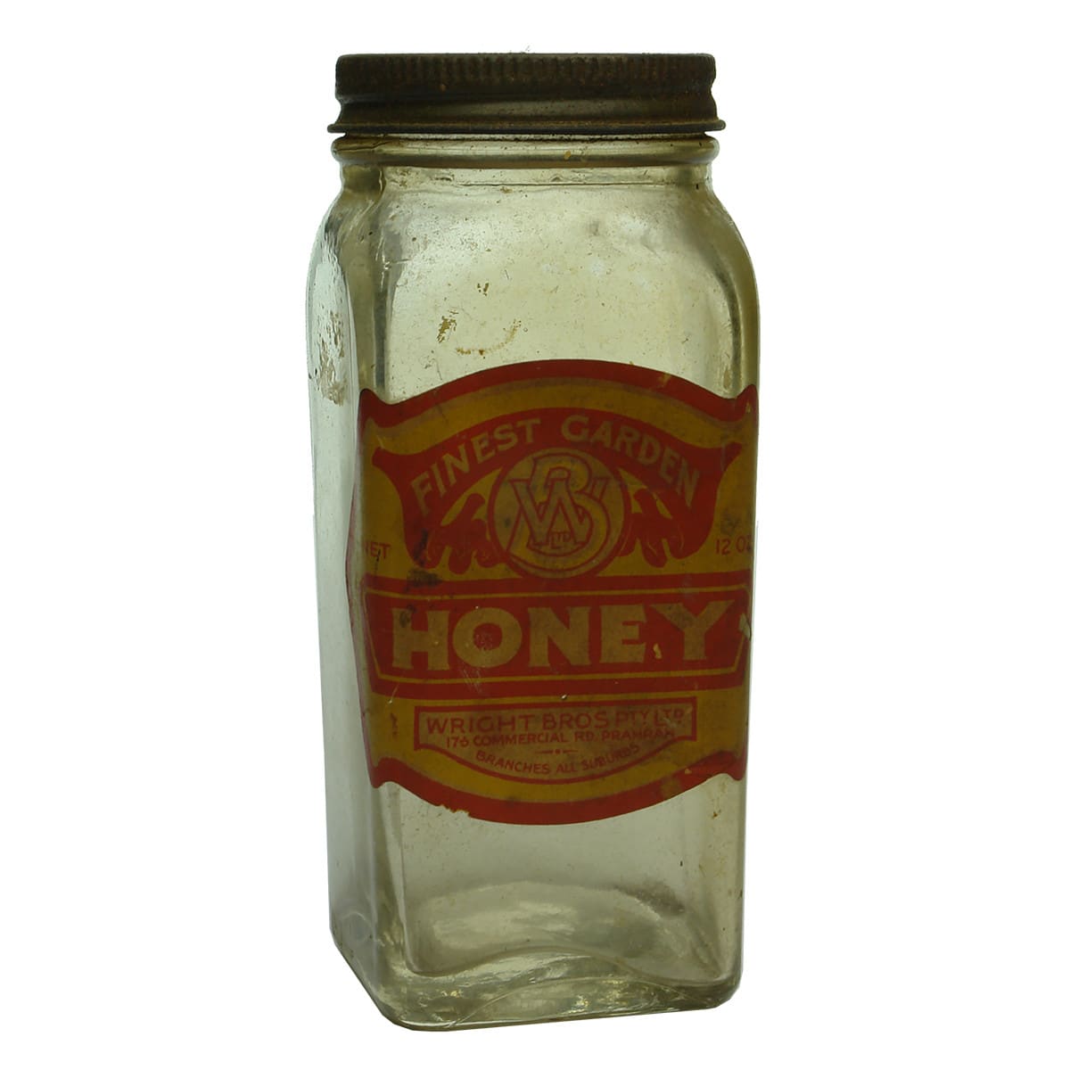 Jar. Wright Bros Honey, Prahran. Clear. 12 oz. (Victoria)