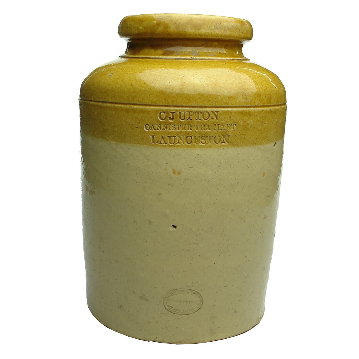 Jar. C J Upton, Cannister Tea Mart, Launceston. Doulton & Watts. Tan Top. 1 Gallon. (Tasmania)