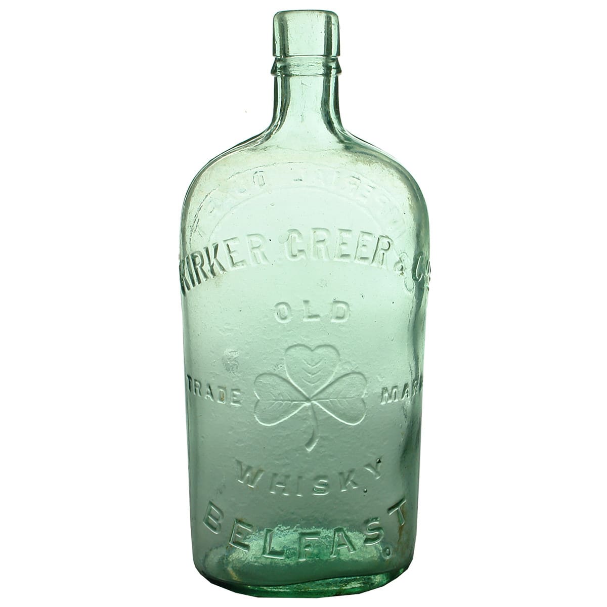 Whisky. Kirker Greer & Cos. Belfast. Shamrock. Aqua. Quart.