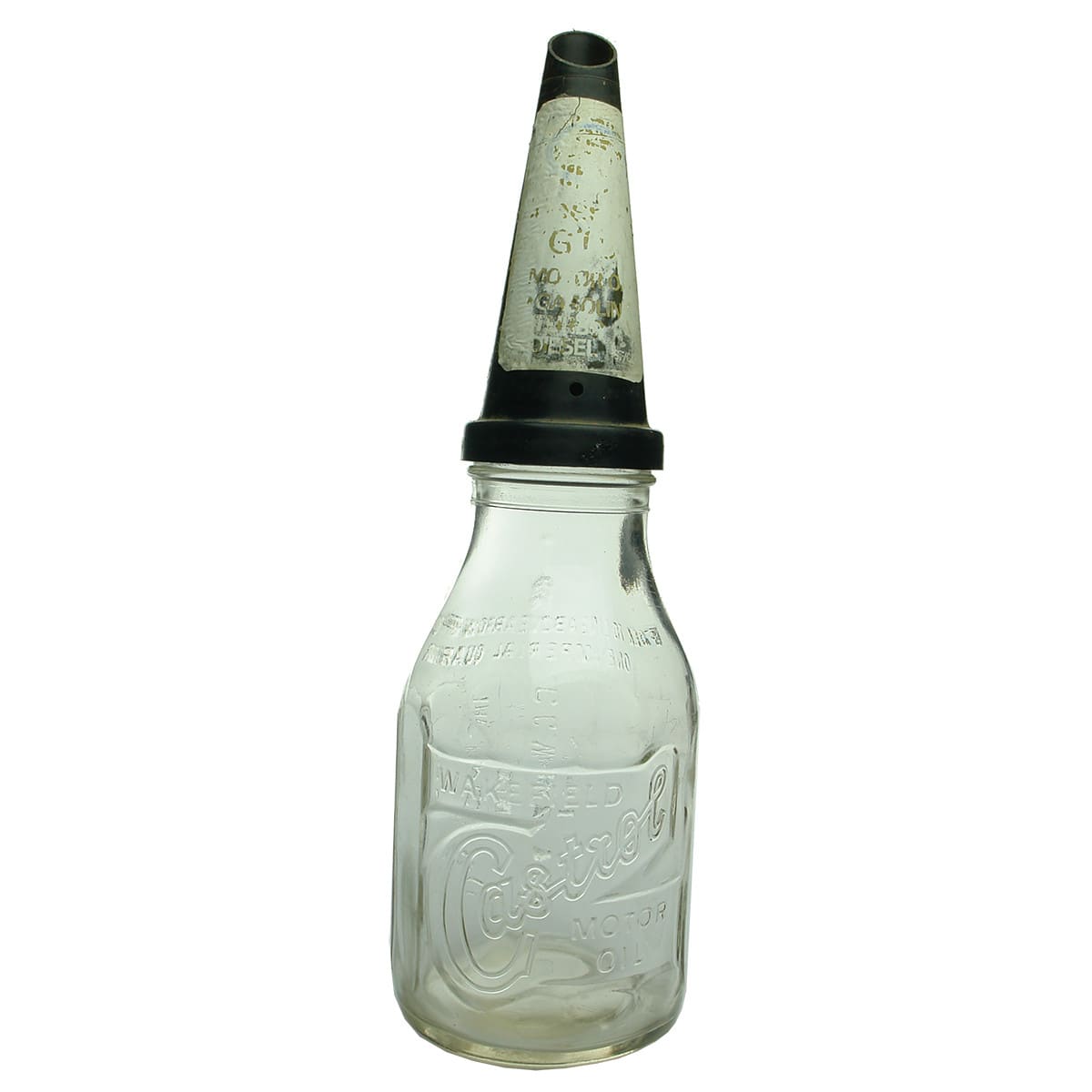 Oil Bottle. Wakefield Castrol Motor Oil. Black Plastic Pourer. Quart.