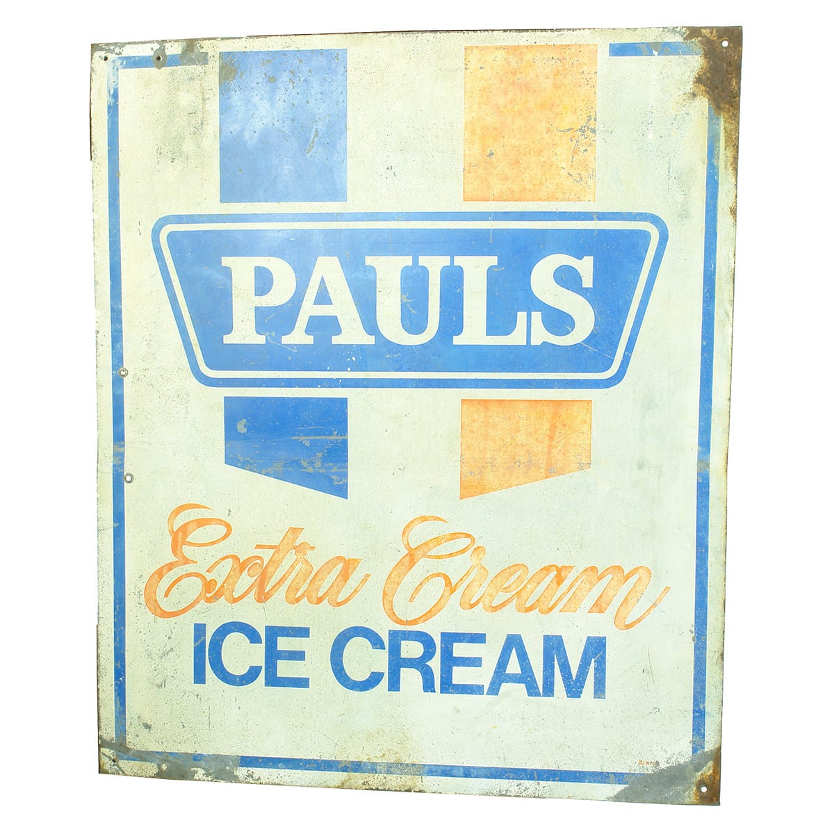 Painted Tin Sign. Pauls Extra Cream Ice Cream. Reused as a Total Fire Ban sign on the back!