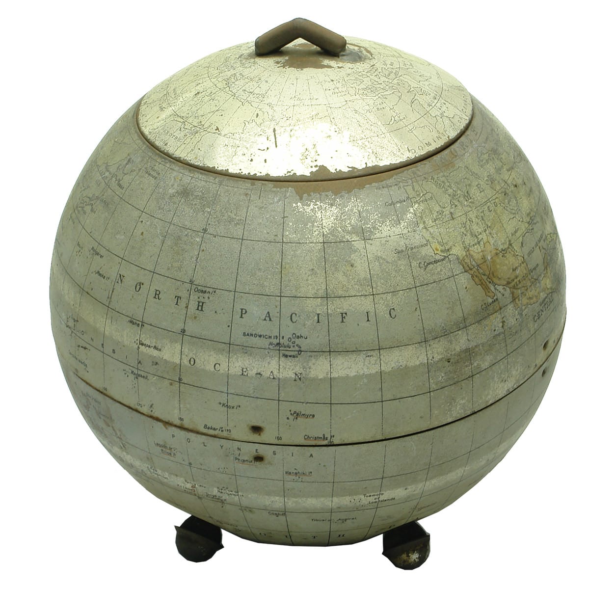 Biscuit Tin. Globe with maps of the World. Huntley & Palmer's.