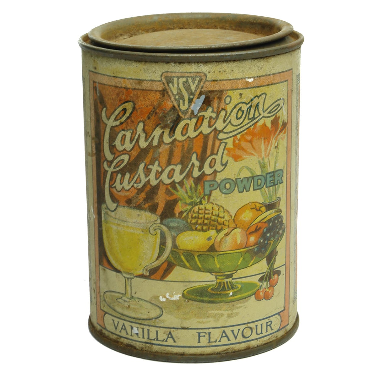 Tin. Carnation Custard Powder. J. S. Vickery & Son Pty Ltd. Melbourne & Ballarat. (Victoria)