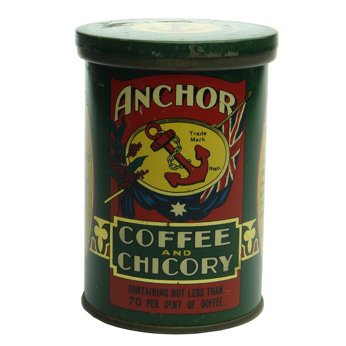 Tin. Anchor Coffee and Chicory, G. Wood Son & Co., Adelaide, Port Adelaide, Broken Hill, Fremantle, Perth and Kalgoorlie. 1/2 pound. (South Australia, New South Wales, Western Australia)