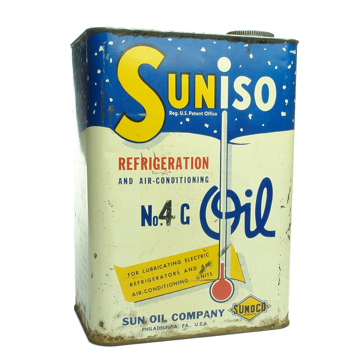 Tin. Suniso Refrigeration and Air-Conditioning Oil, Philadelphia. Ramsay & Treganowan Ltd., Melbourne Australian Representatives. 1 Gallon. (United States)