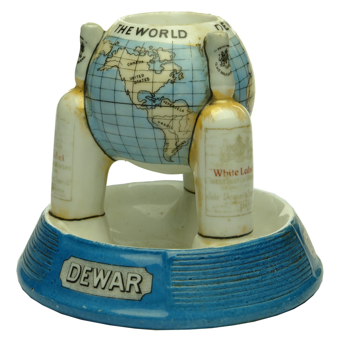 Match Striker. Dewar's "White Label" Whisky with three Bottles Holding Up The World.