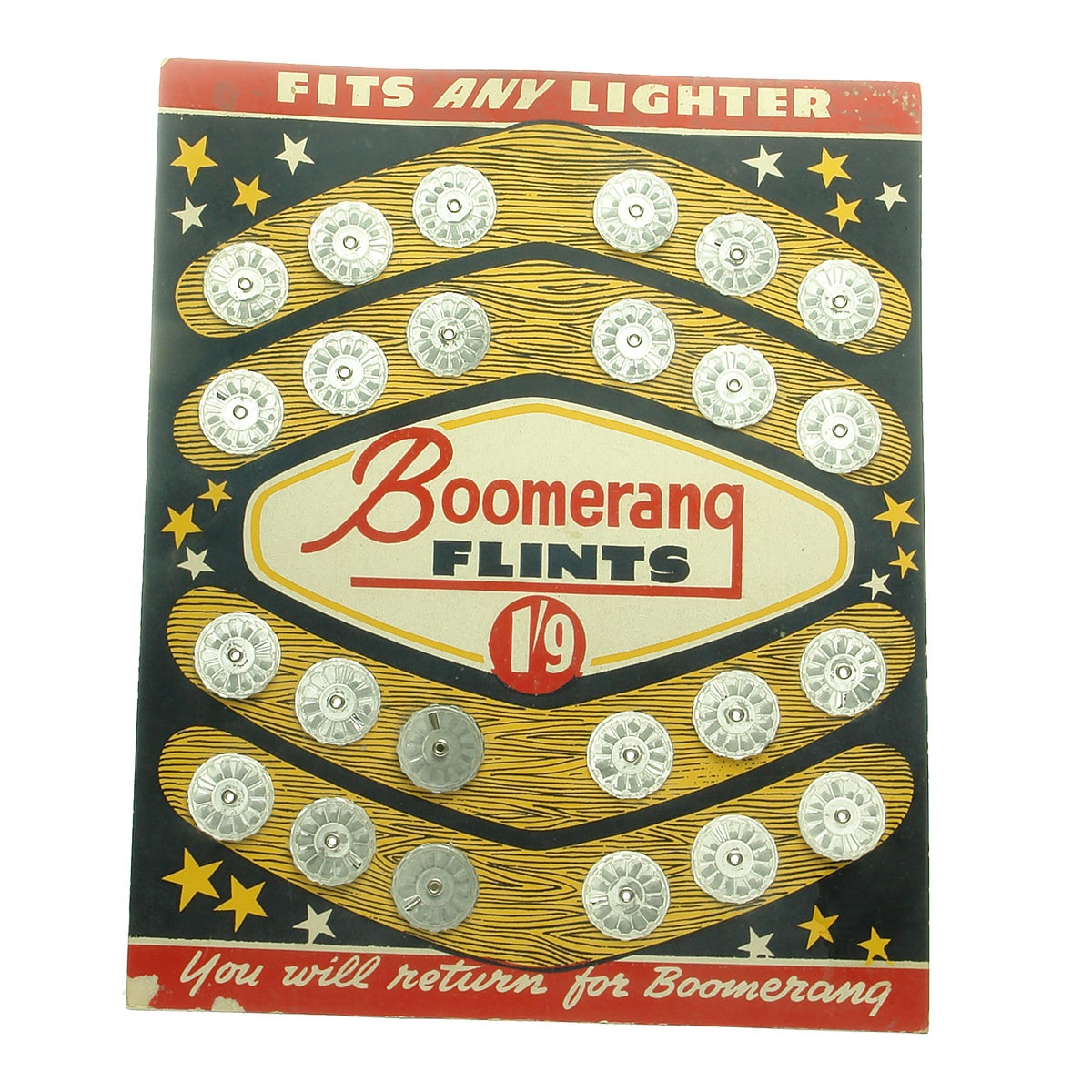 Boomerang Flints. 1/9 Fits any lighter. Card with stand at back and flints in little containers.