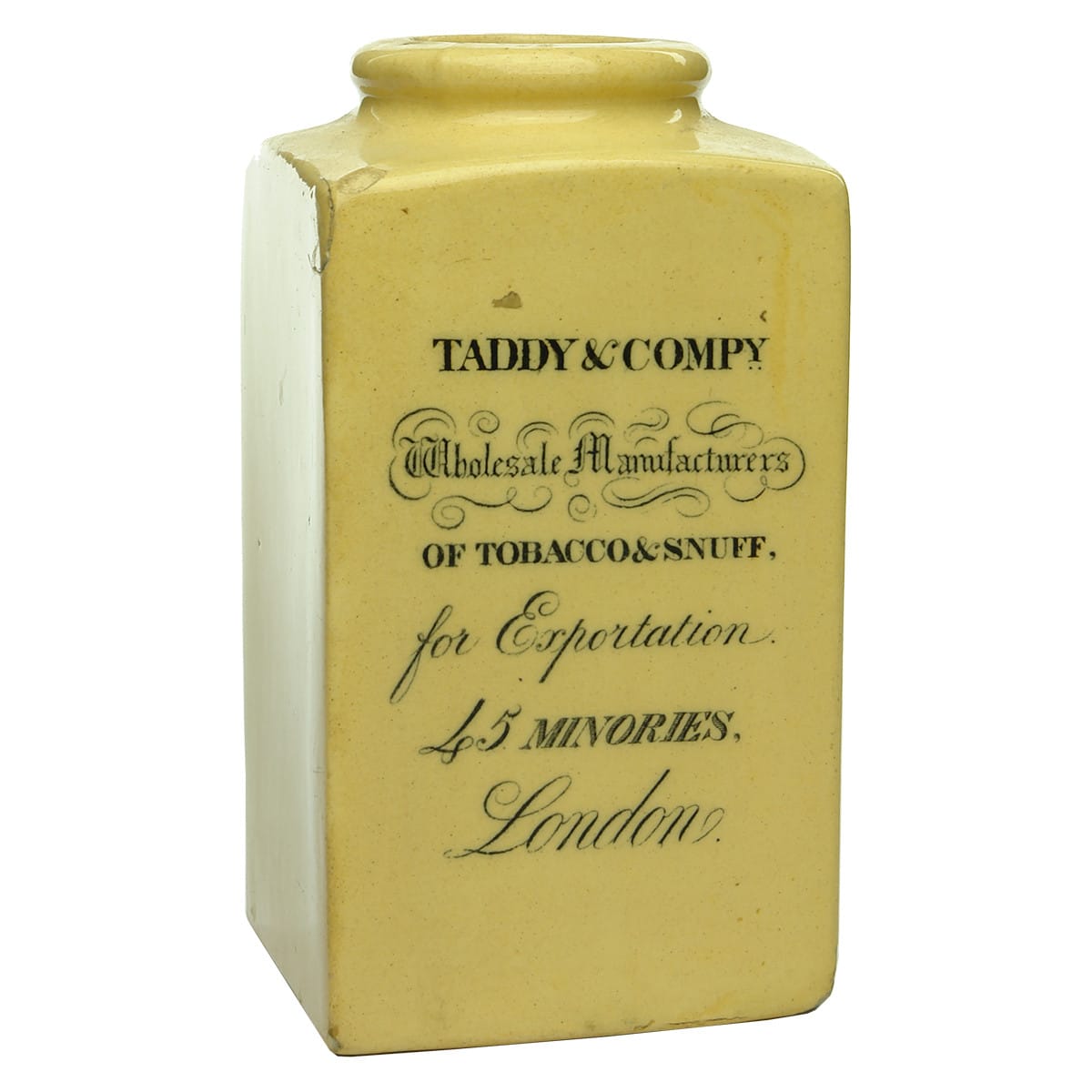 Tobacciana. Taddy & Compy Tobacco & Snuff, London. Square ceramic jar. (United Kingdom)