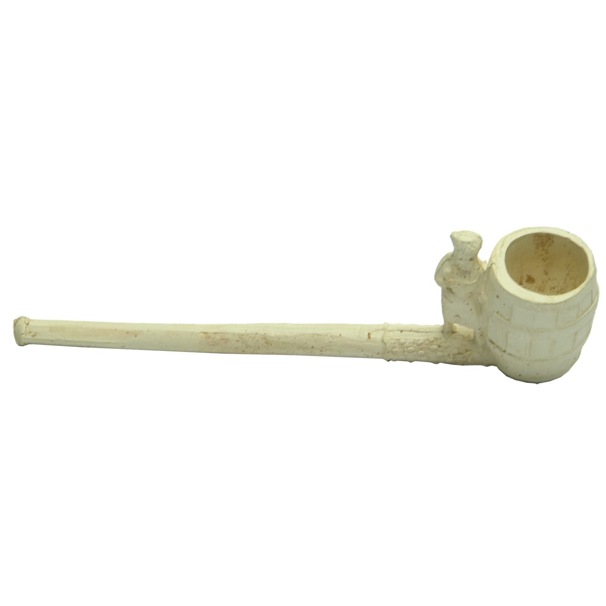 Tobacciana. Clay pipe, bowl is a barrel with a cooper standing beside on the stem!