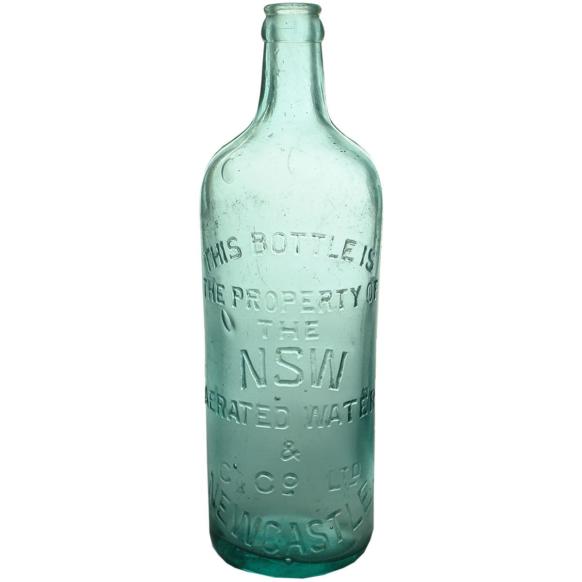 Crown Seal. The NSW Aerated Water & C Co Ltd., Newcastle. 24 oz. Spun top. Blue Aqua. (New South Wales)