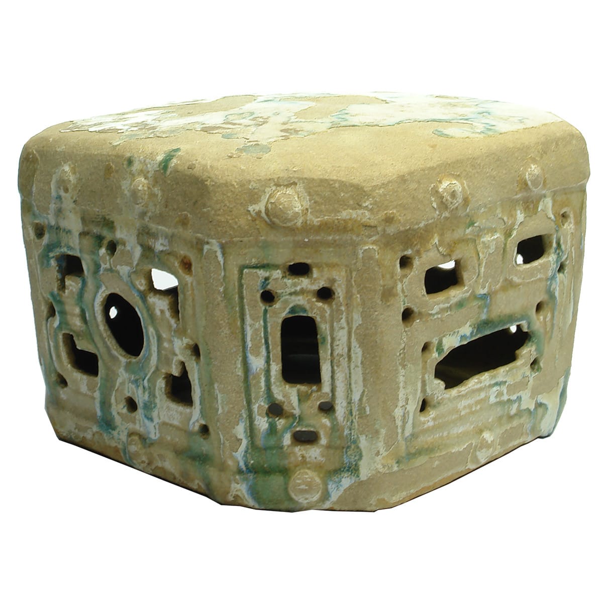 Ornamental Chinese Pottery Item. The top of something. Green, Yellow, White glazes.