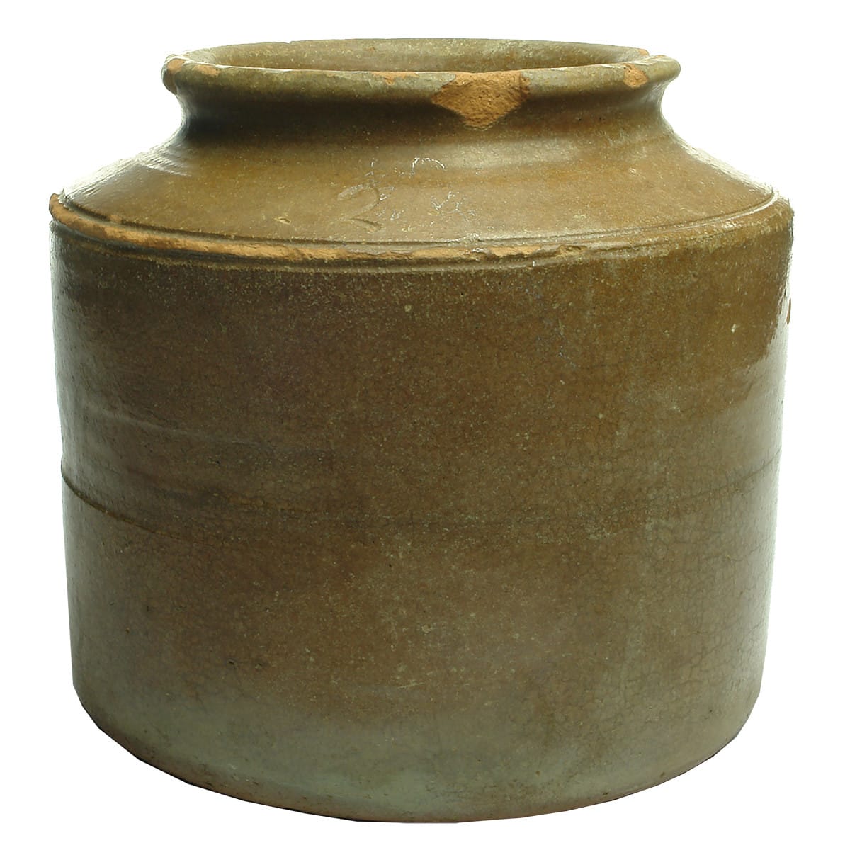 Very crude stoneware red jar with brown glaze. Hand drawn 2 in shoulder. Some early Australian pottery.