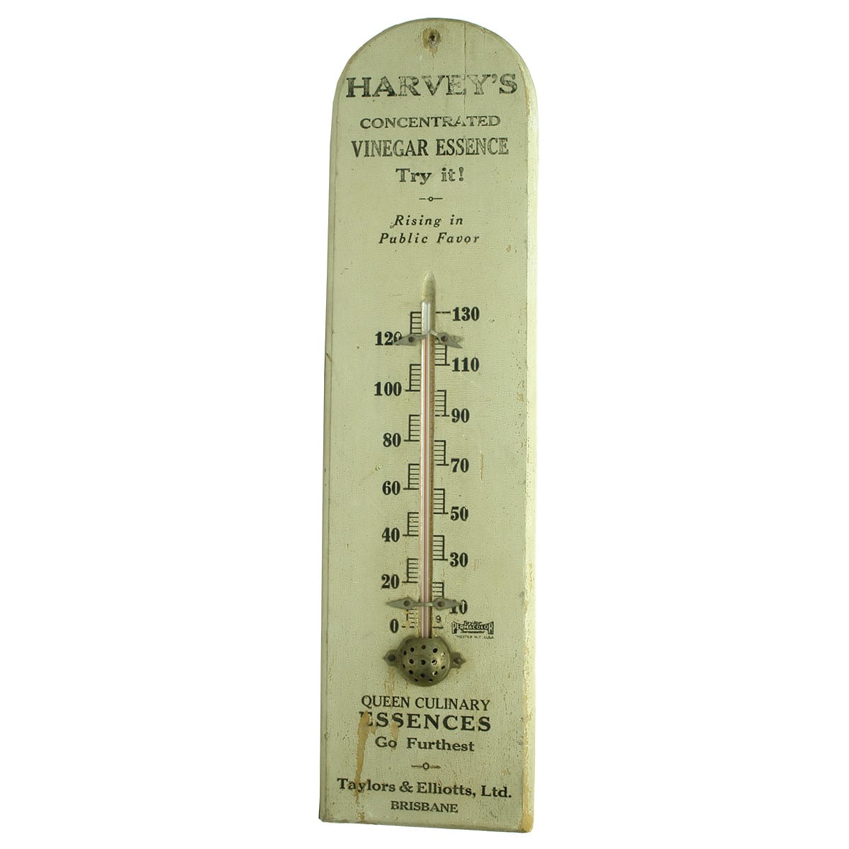 Thermometer. Harvey's Concentrated Vinegar Essence. Queen Culinary Essences. Taylors & Elliotts Ltd., Brisbane. (Queensland)