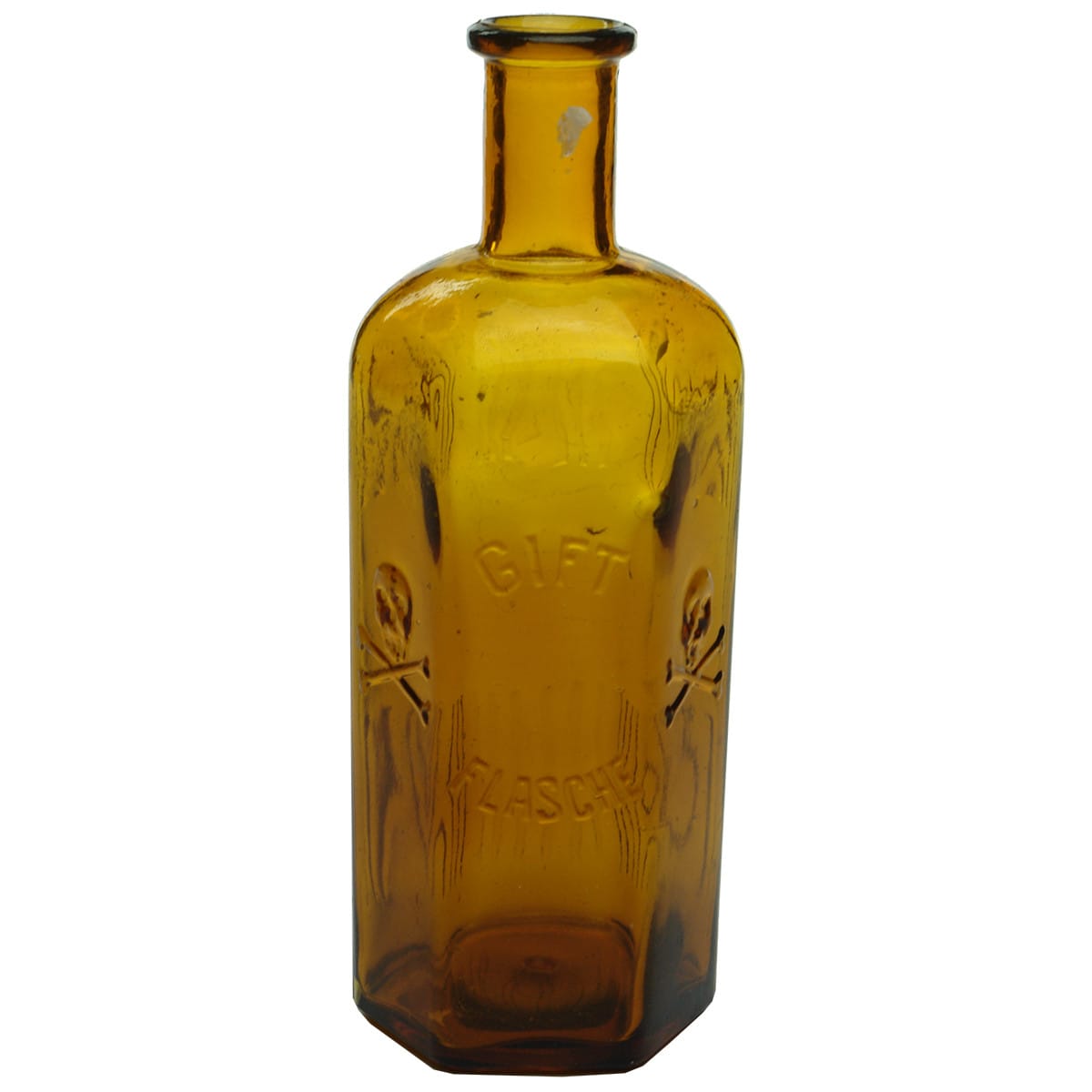 Poison. Gift Flasche, Skull & Crossbones. Hexagonal. Amber. 200 ml. (Germany)