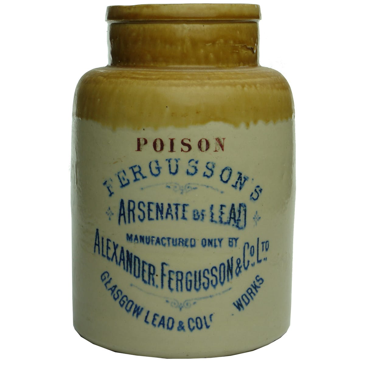 Poison. Fergusson's Arsenate of Lead. Stoneware. Blue & Red Print. Large size.
