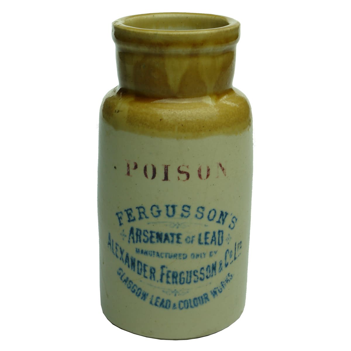 Poison Jar. Fergusson's Arsenate of Lead. Tan Top. Blue & Red Print.