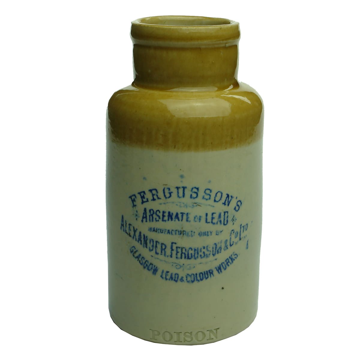 Poison Jar. Fergusson's Arsenate of Lead. Tan Top. Blue Print & Impressed.