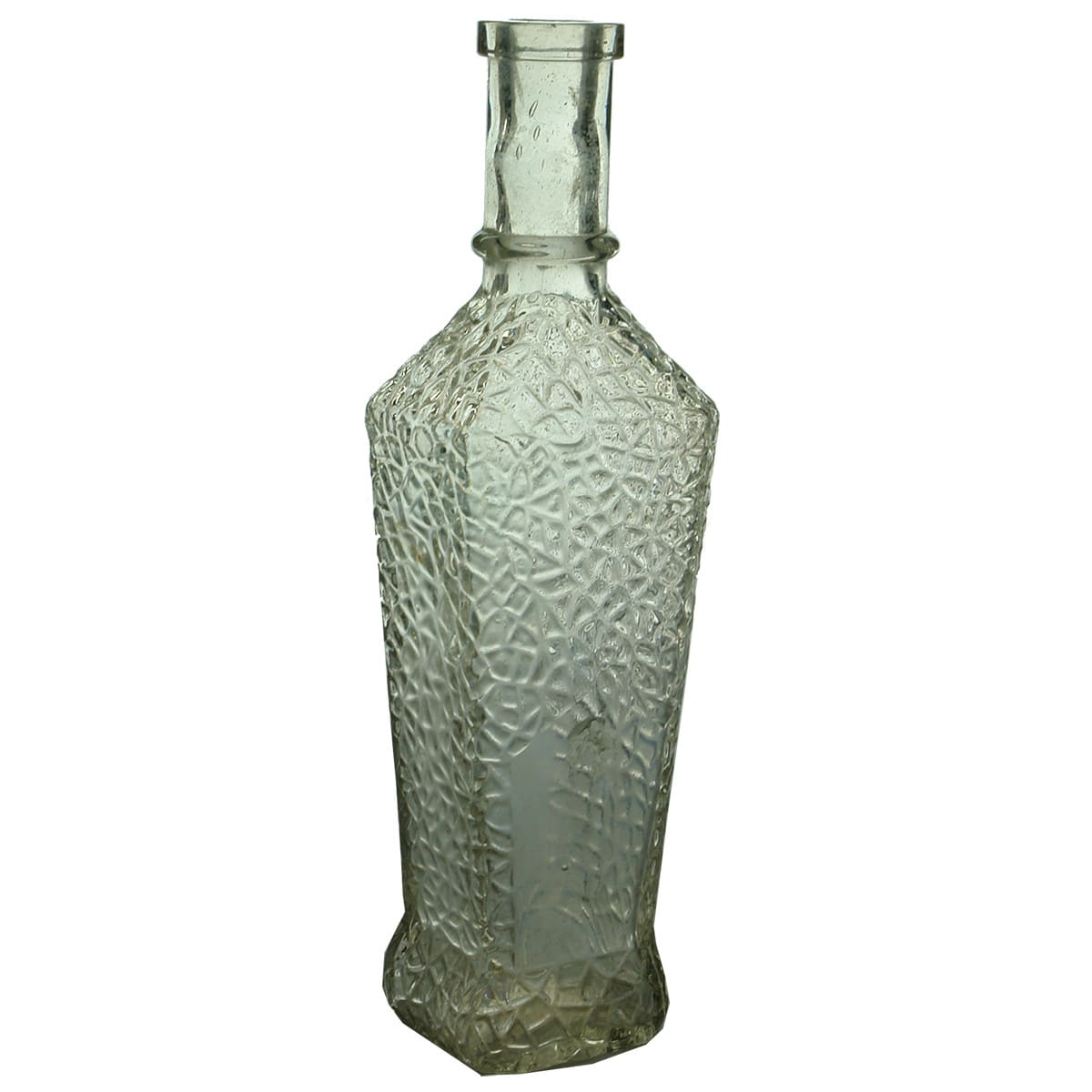 Condiment/Sauce or Perfume? Clear. Fancy crocodile skin like pattern with label spaces.