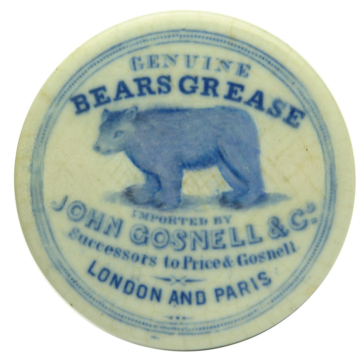 Pot Lid. John Gosnell & Co, Bears Grease, London & Paris. Blue Print. (United Kingdom, France)