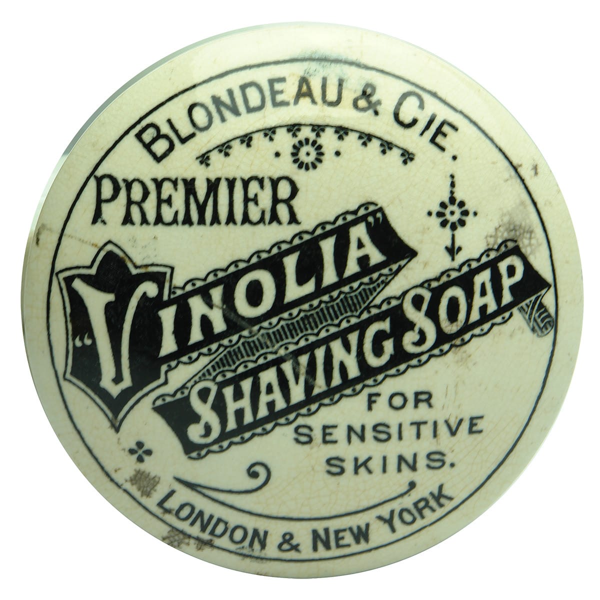 Pot Lid & Base. Vinolia Shaving Soap. Blondeau & Cie. London & New York. Black & White.