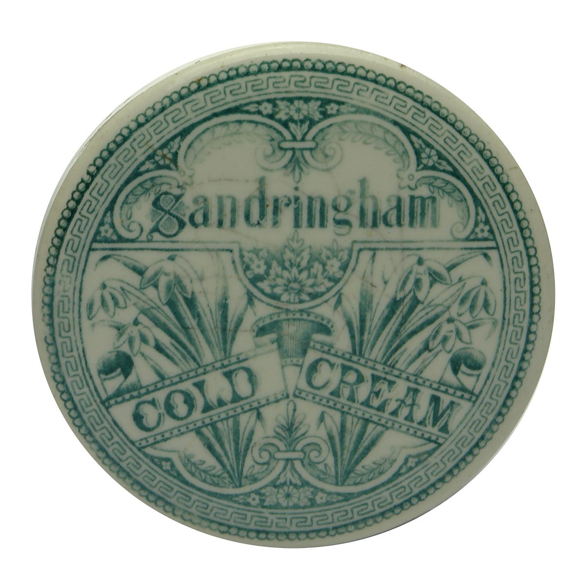 Pot Lid. Sandringham Cold Cream. Green Print.