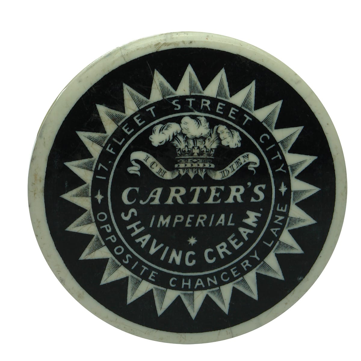 Pot Lid. Carter's Imperial Shaving Cream. Black with white print! (United Kingdom)