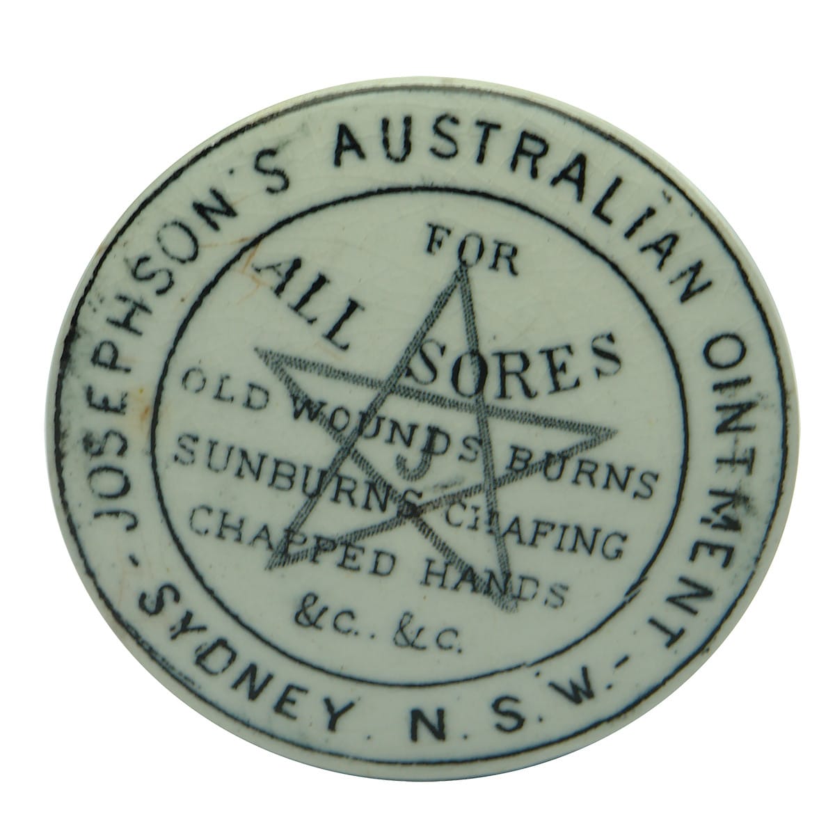 Pot Lid. Josephson's Australian Ointment. Sydney. Black & White. (New South Wales)