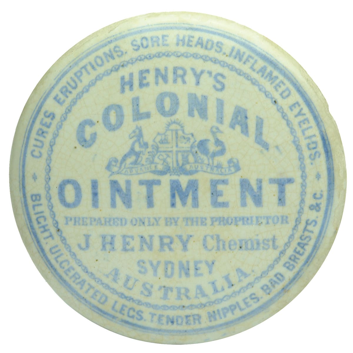 Pot Lid. Henry's Colonial Ointment, Sydney. Blue on White. (New South Wales)