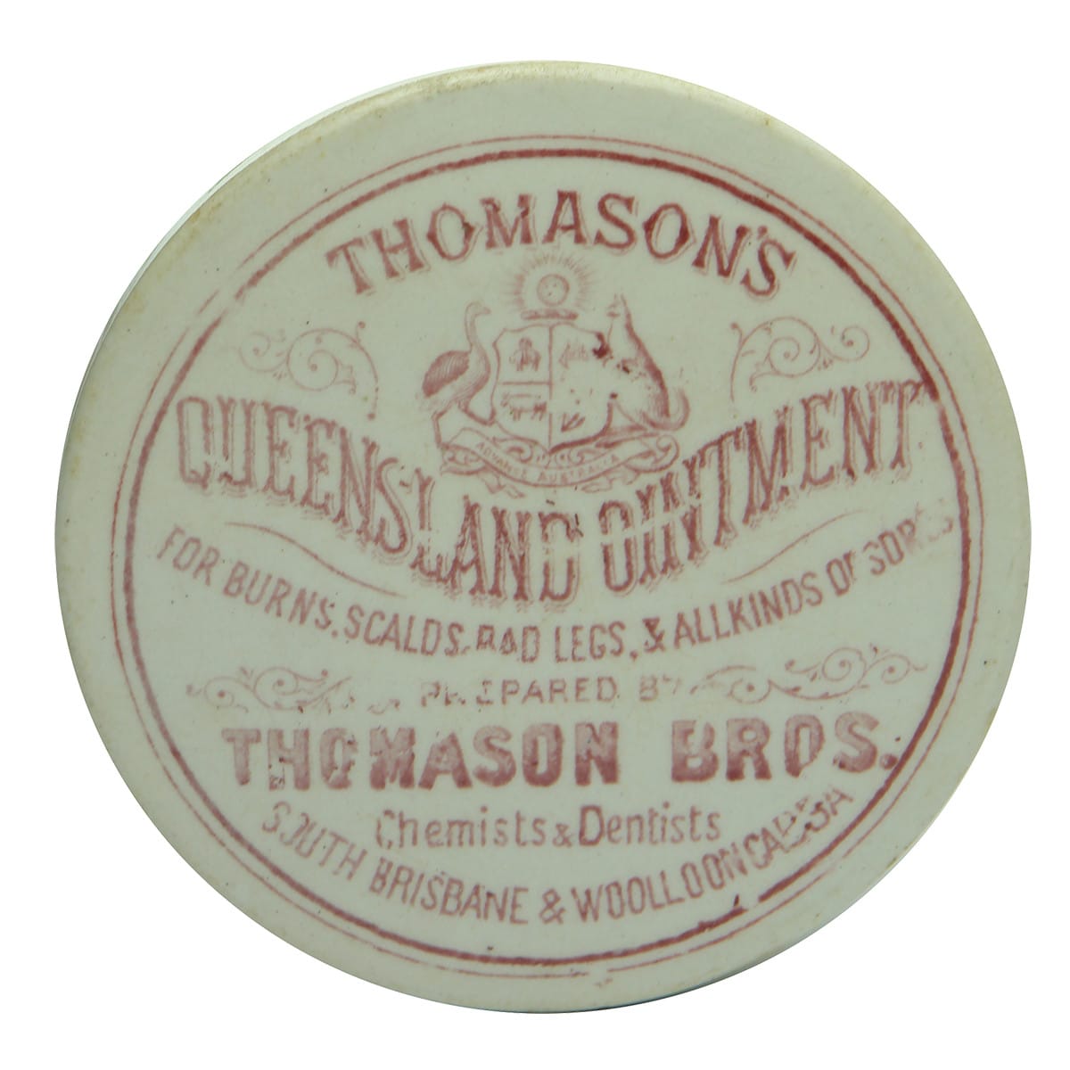 Pot Lid. Thomason's. Thomason Bros., South Brisbane & Woolloongabba. Coat of Arms. Red Print. (Queensland)