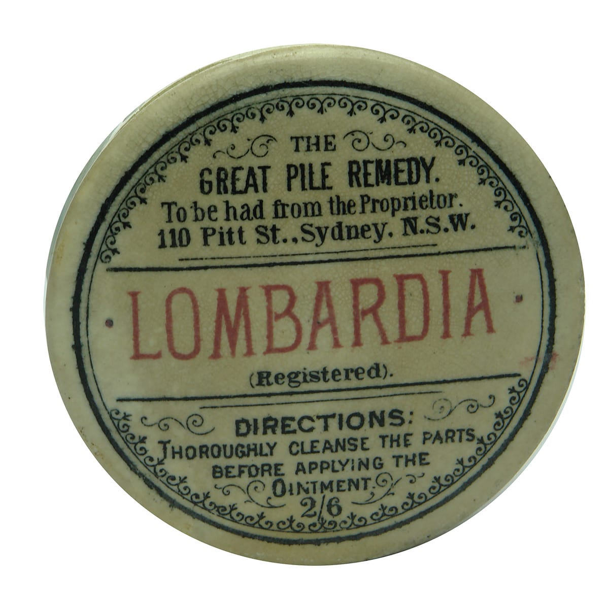 Pot Lid. Lombardia, The Great Pile Remedy, Sydney, N. S. W. Red and Black Print. (New South Wales)