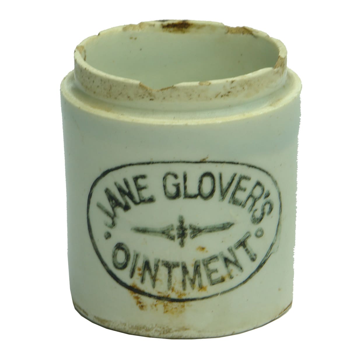 Ointment Pot. Jane Glover's Ointment. Black on White. (Sale, Victoria)