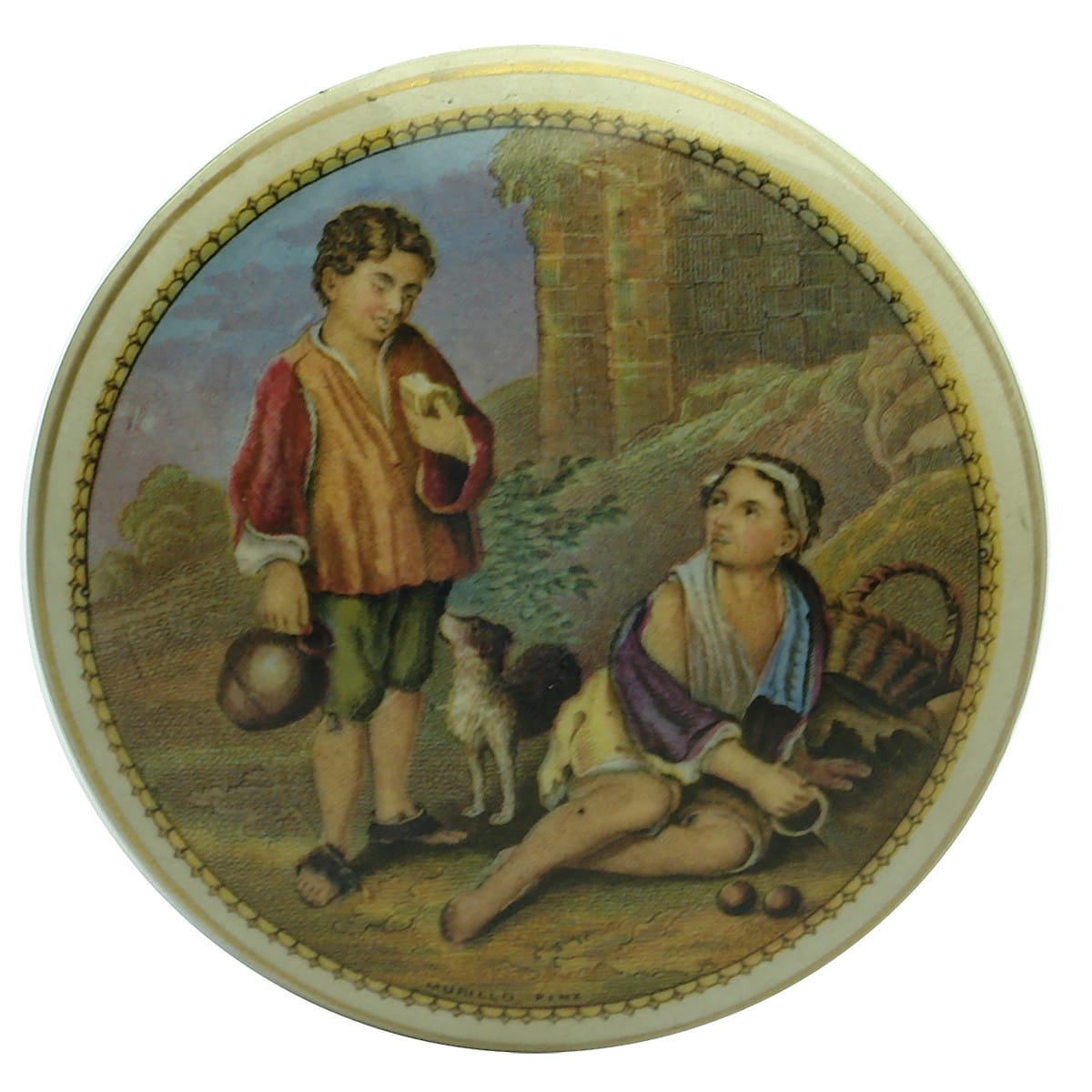 Prattware Lid: Peasant Boys. (Murillo Pinx printed at bottom of picture)