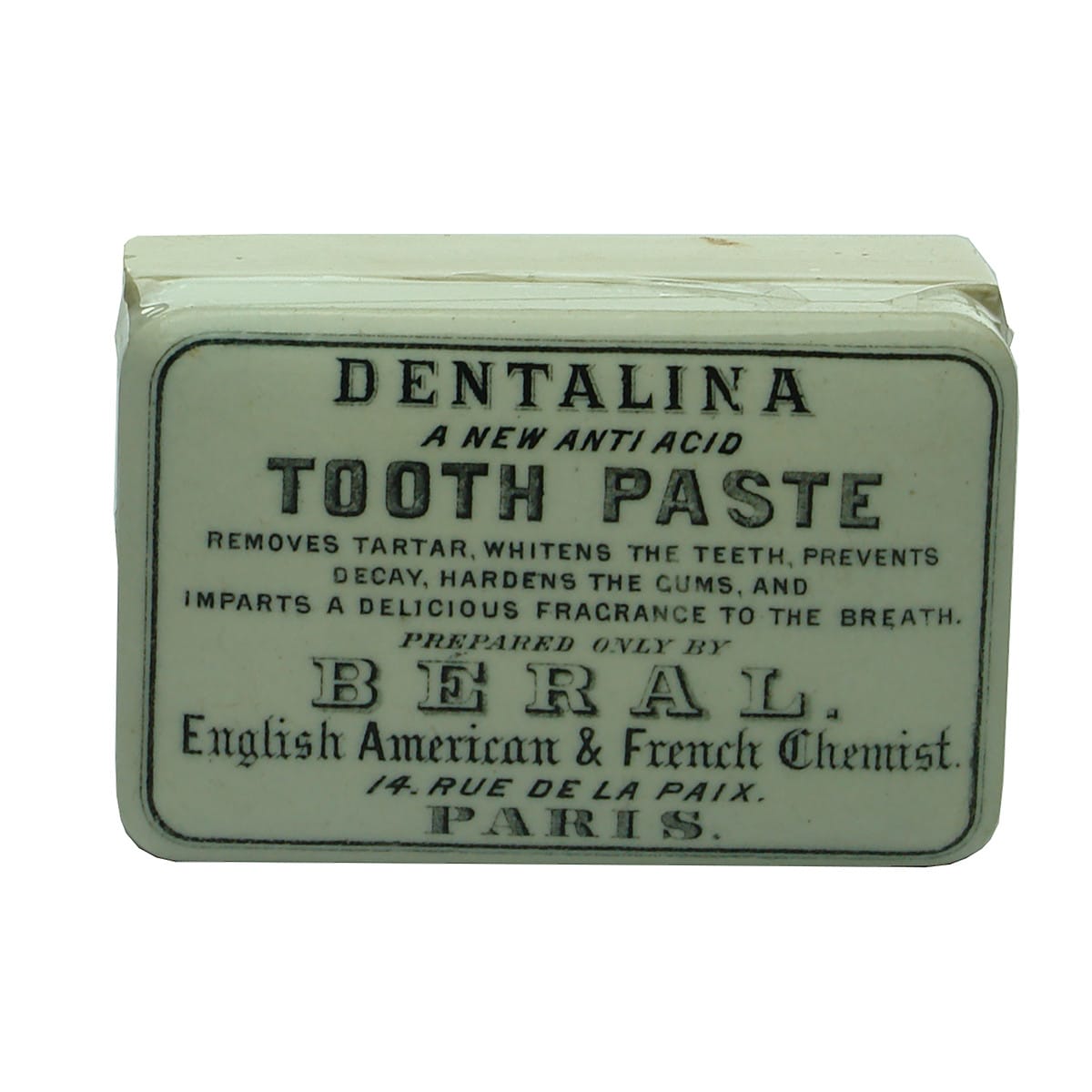 Pot Lid. Beral Dentalina Tooth Paste, Paris. Rectangle. (France)