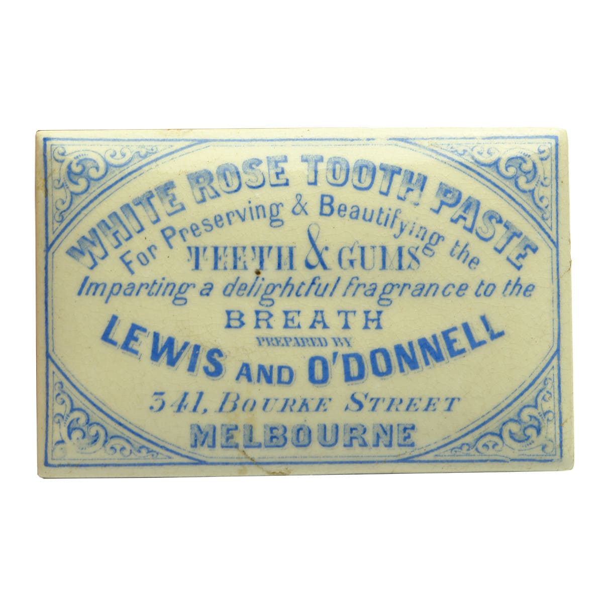 Pot Lid. Lewis & O'Donnell, Melbourne. Rectangle. Blue Print. (Victoria)