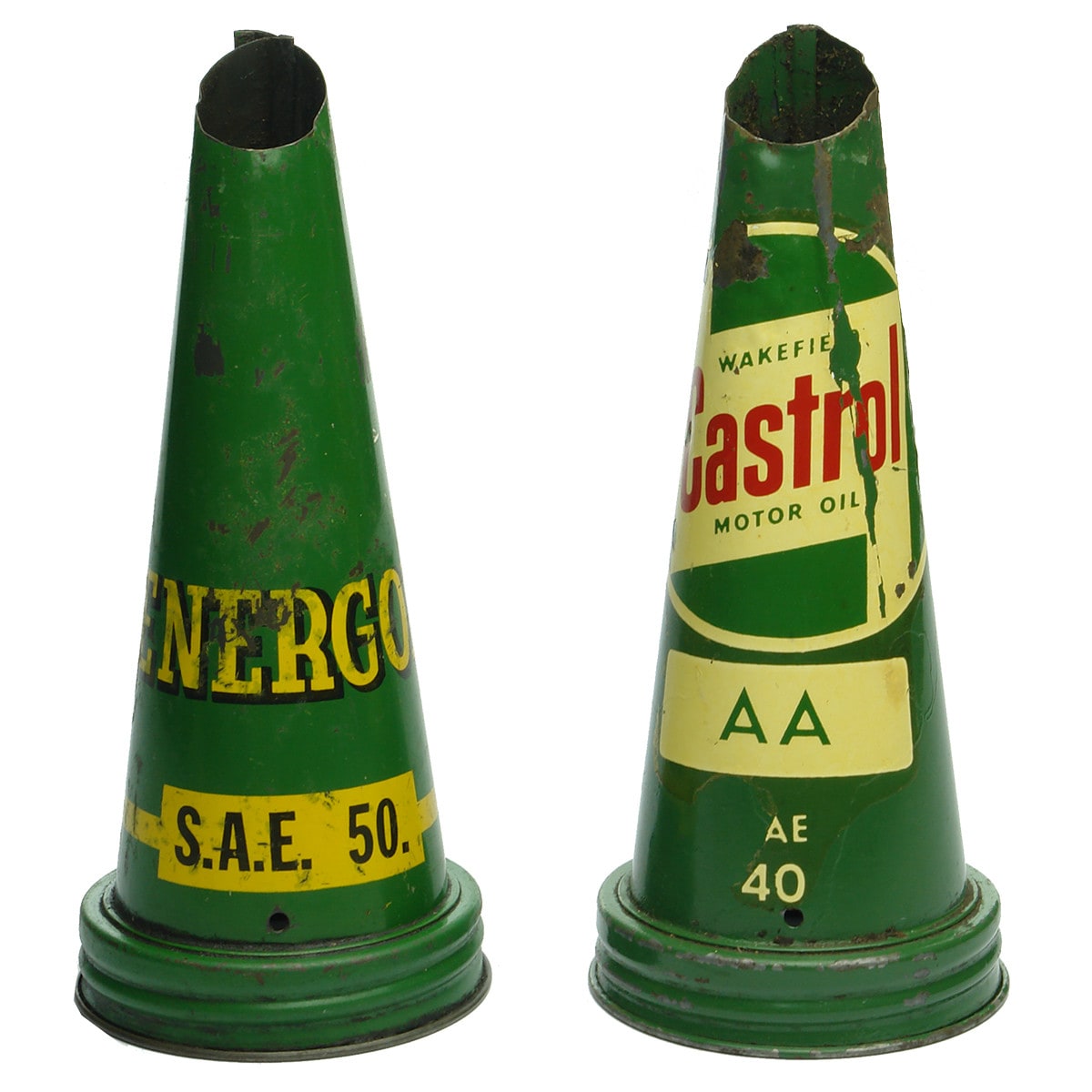 Two tin oil bottle pourers: Energol S. A. E. 50. and Wakefield Castrol Motor Oil AA SAE 40.